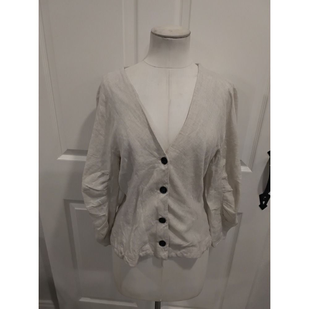 ZARA TRF Collection Linen Blend V Neck Button Front Cropped Blouse Top Womens M
